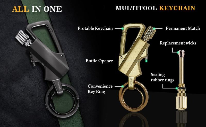 Multifunctional Flint Fire Starter Keychain | Refillable Kerosene Lighter, Bottle Opener, Survival EDC Tool for Outdoor Emergency (No Fuel)